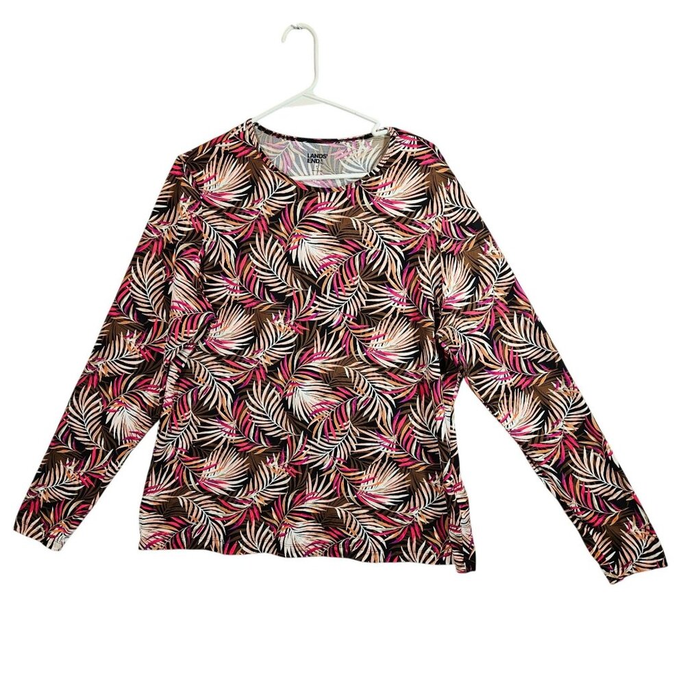 Lands End Womens Long Sleeve Leaf Print Top XL Bold colorful casual boho festive